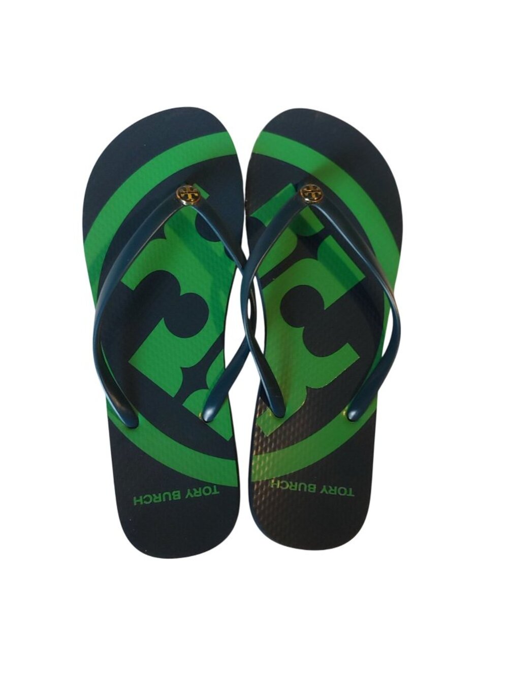 Tory Burch Emory Flip Flops Blue Green Logo Thong Sandals Graphic Bold 11